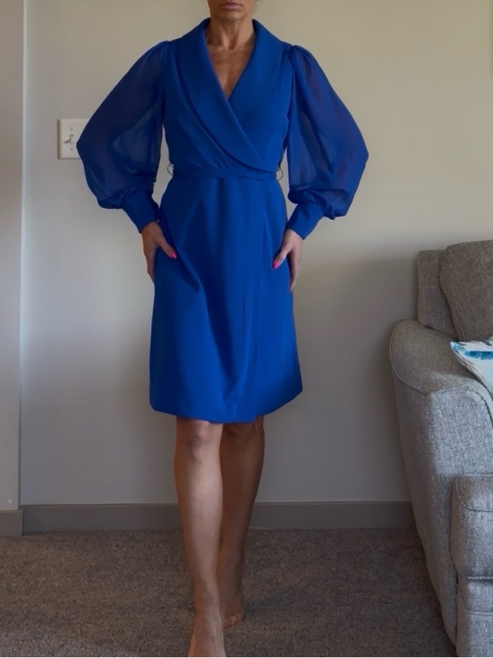 Shelby & Palmer Royal Blue Wrap Dress with Sheer Puff Sleeves